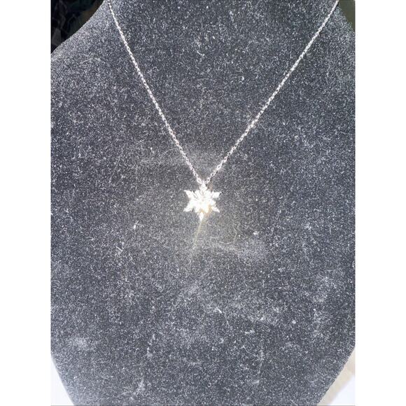 Silvertone Snowflake Pendant Necklace Clear Cubic Zirconia 1/2 Inch Pendant - Picture 4 of 5